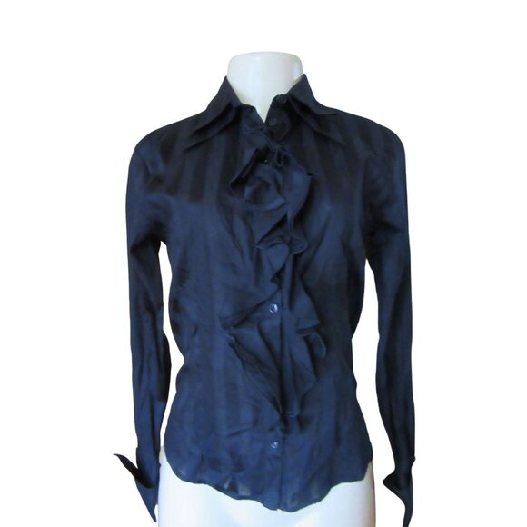 Anne Fontaine Black Cotton Blend Ruffle Front Blouse Sz 38 - Picture 5 of 8